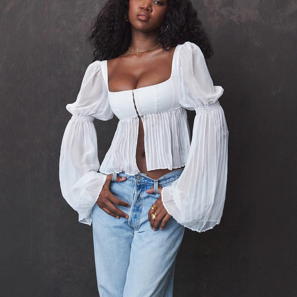 Dolce versione corta elegante top a maniche lunghe trasparente con colletto quadrato