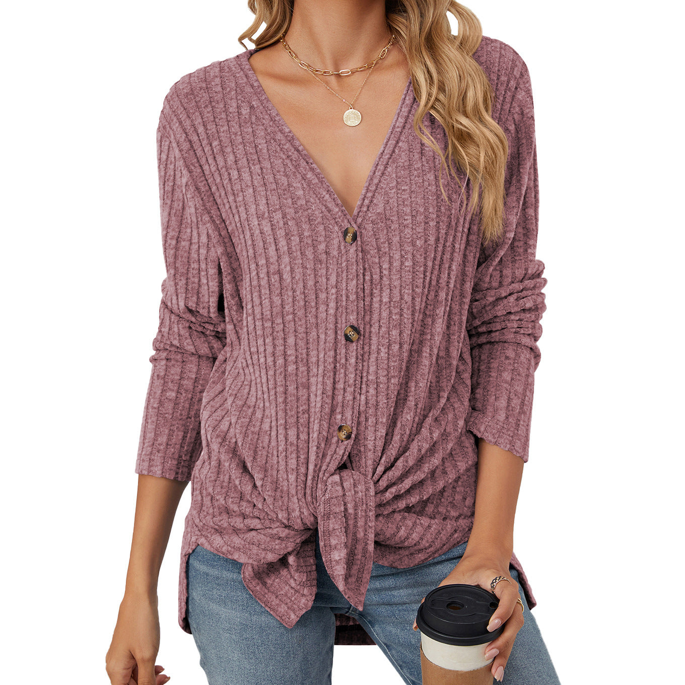 Cardigan con bottoni a maniche lunghe in tinta unita, lavorato a maglia e cappotto smerigliato