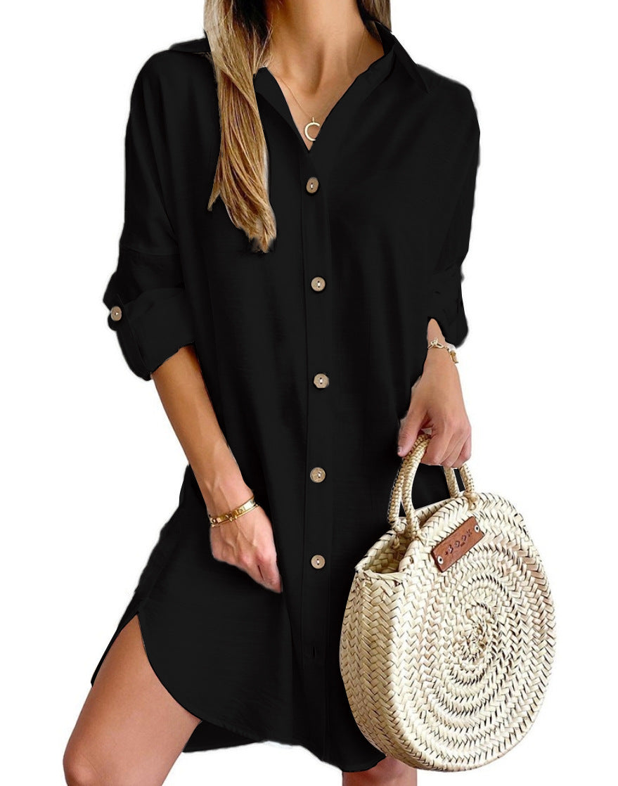 Abito camicia a maniche lunghe con risvolto e bottoni, per il tempo libero autunnale, abbigliamento da donna