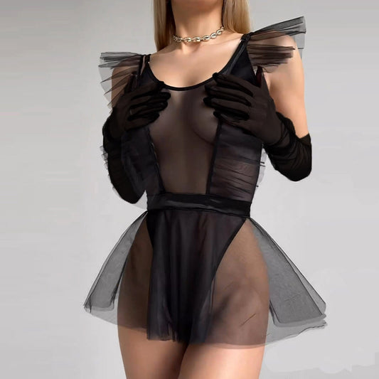 Tuta in rete, gonna tutù e guanti, set da tre pezzi per donna