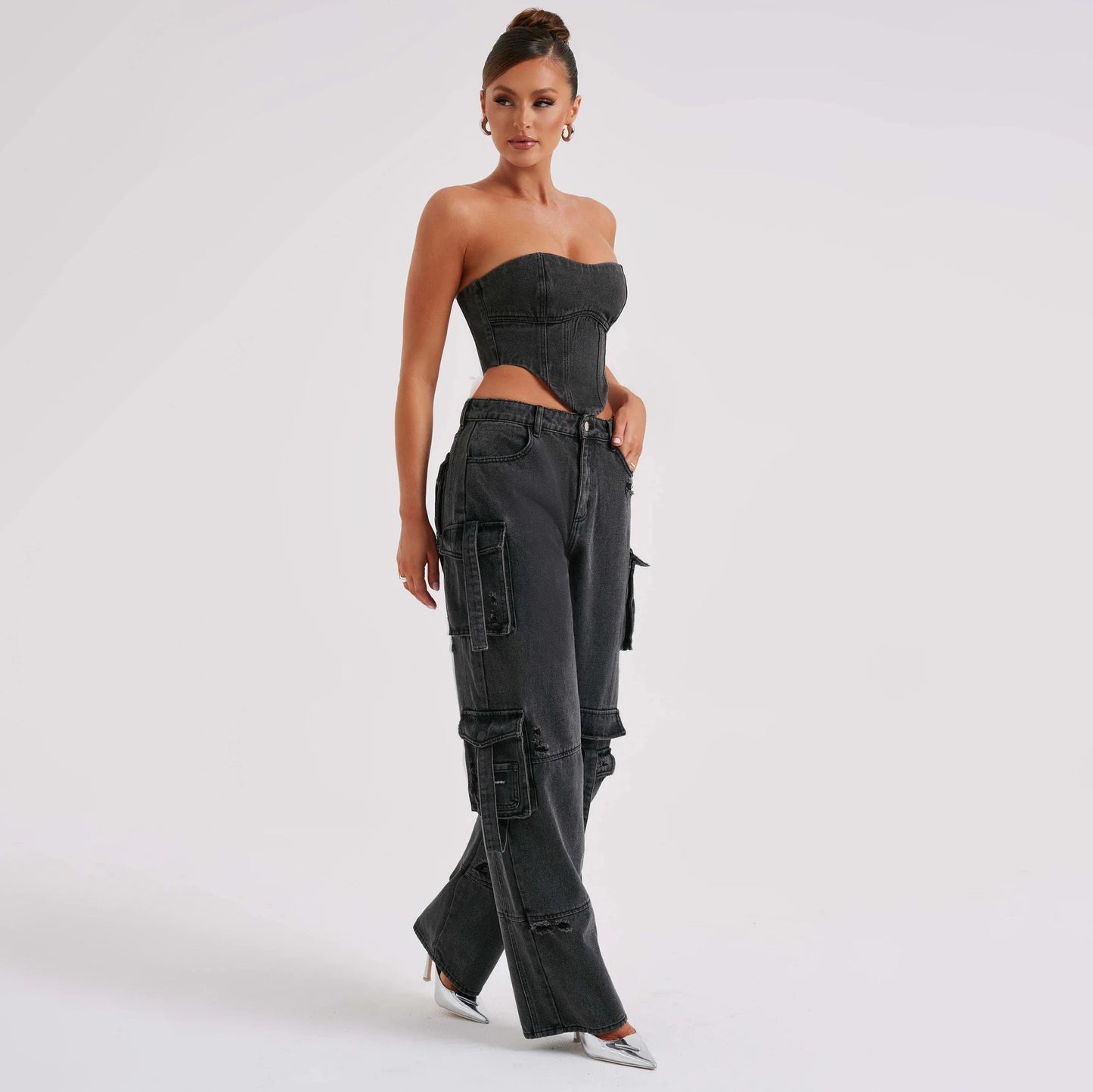 2-teiliges Denim-Set für den Sommer, sexy, rückenfreies Tube-Top und gerade Hose mit mehreren Taschen