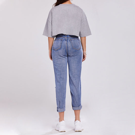 Ladies Trousers High-waisted Butt-lifting Holes Casual Straight-leg Denim Trousers