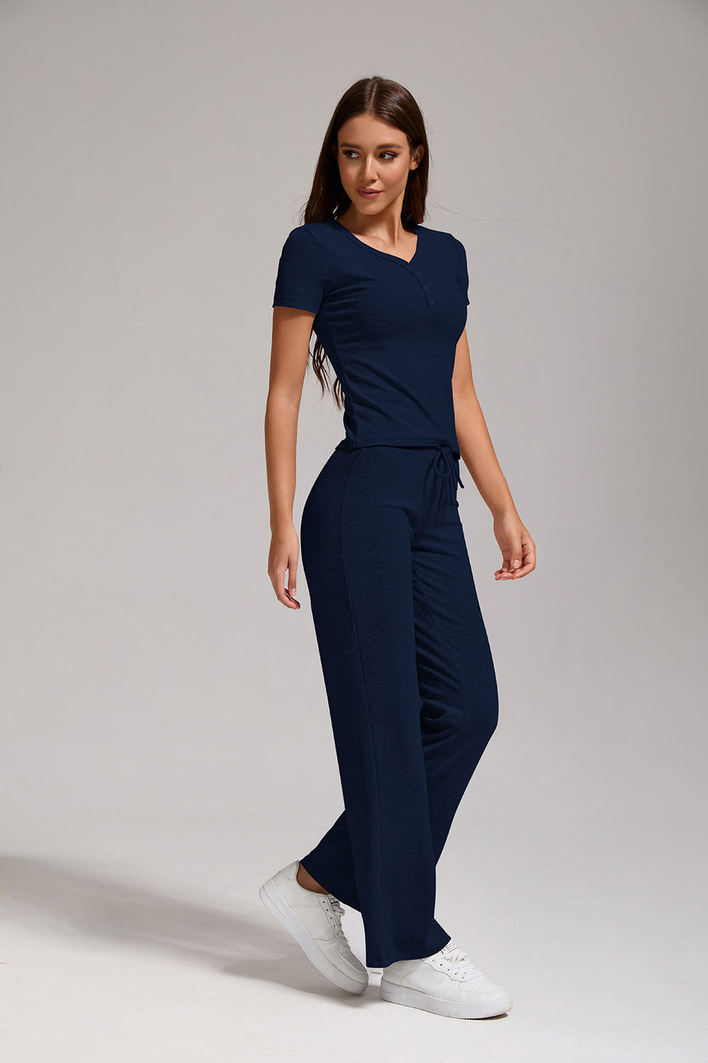 Women's Casual Sports Two-piece Set With V-neck Button