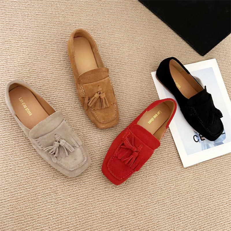 Quadratischer Kopf, weiche Sohle, Damen-Loafer mit All-Match-Quaste, flachem Mund, rutschfest, mit einem Pedal