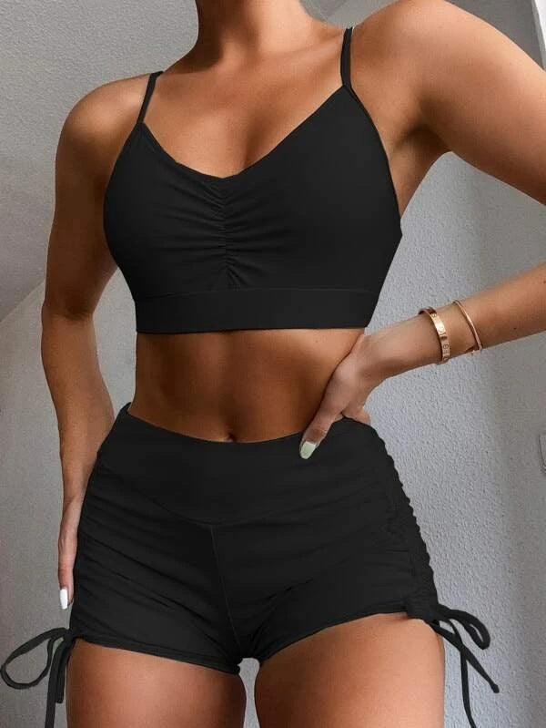 Costume da bagno bikini a vita alta con spacco, colore puro, da donna