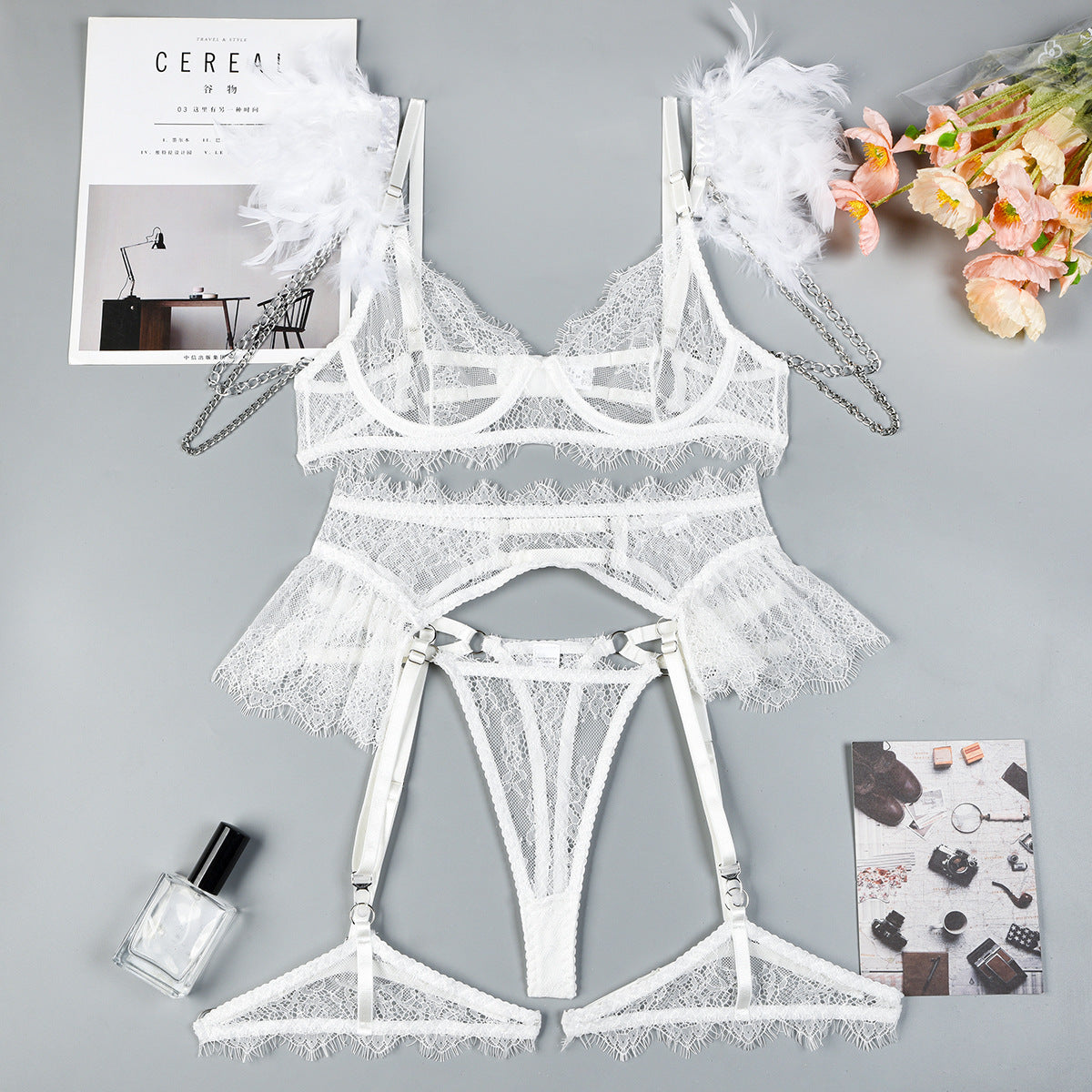 Piuma pizzo catena pesante industria biancheria intima tuta in magazzino donne