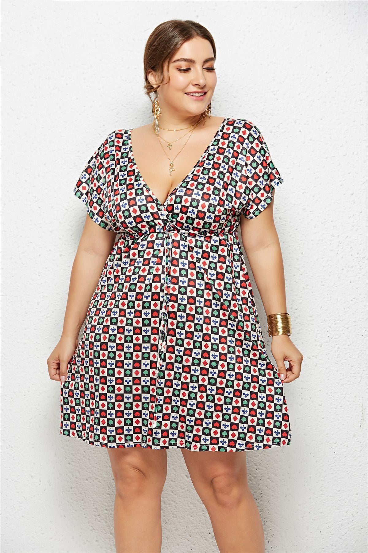 Women Summer Print Dress Casual Deep V Neck Beach