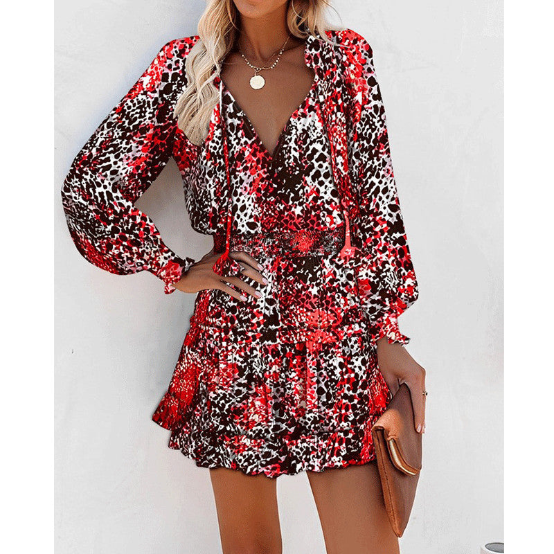 Abito a maniche lunghe con stampa a fiori, alla moda, patchwork, maniche a sbuffo, vita, abiti da donna