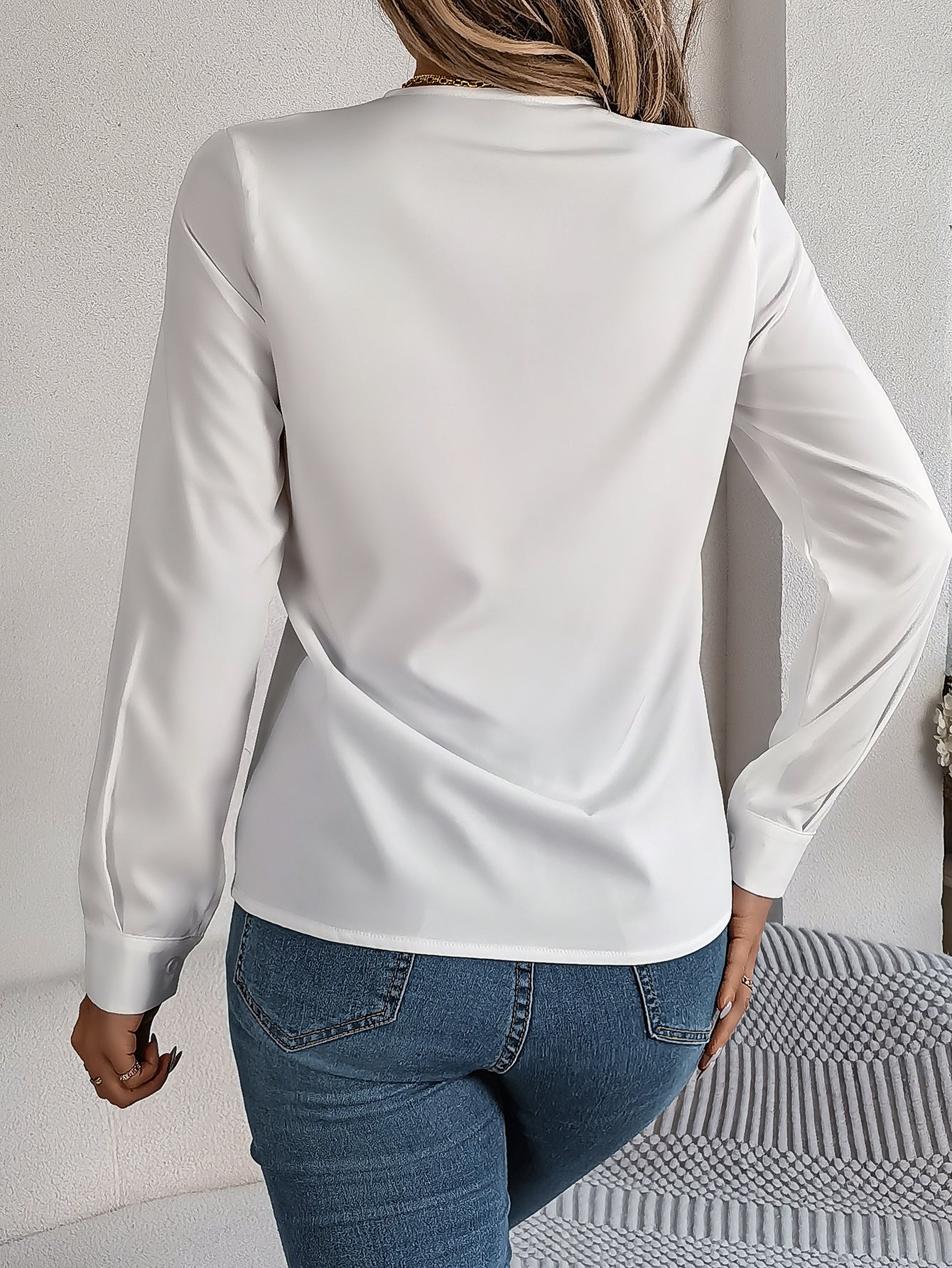 Camicia a maniche lunghe con scollo a V alla moda, elegante, da pendolare, tinta unita, da ufficio, abbigliamento da donna
