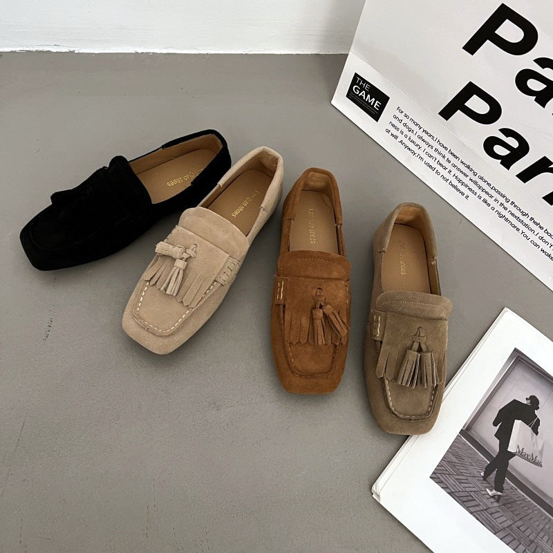 Quadratischer Kopf, weiche Sohle, Damen-Loafer mit All-Match-Quaste, flachem Mund, rutschfest, mit einem Pedal