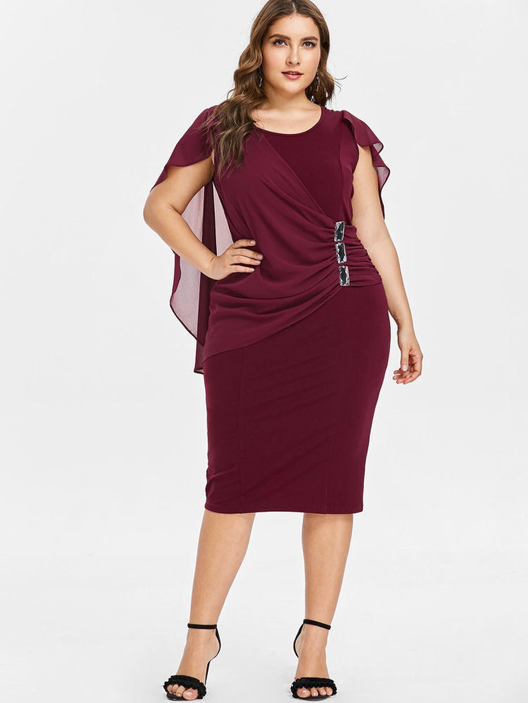 Round Neck Short Sleeve Chiffon Shawl Tight-Fitting Plus Size Dress Women