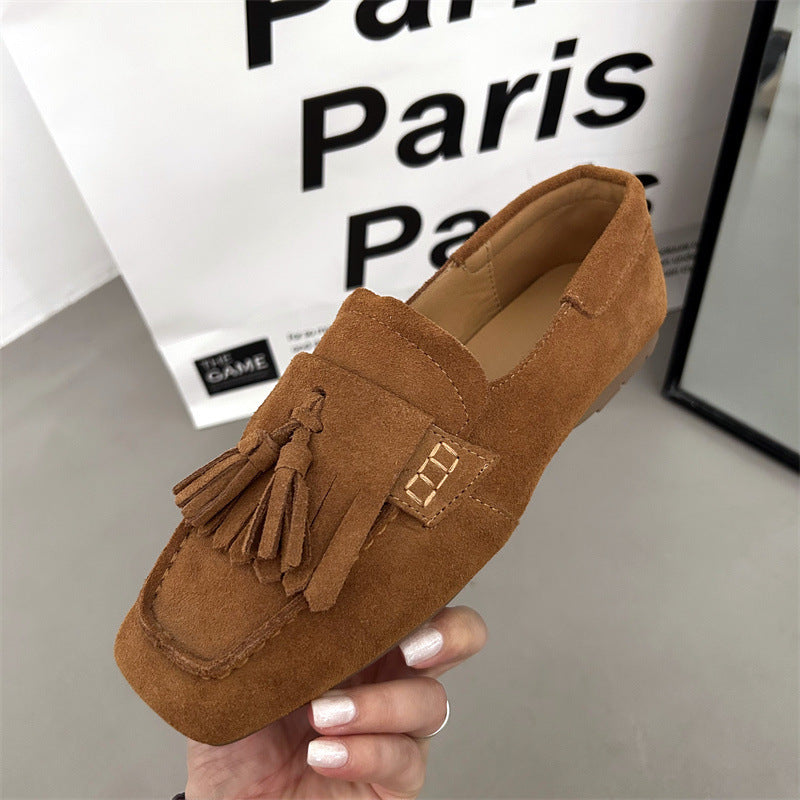 Quadratischer Kopf, weiche Sohle, Damen-Loafer mit All-Match-Quaste, flachem Mund, rutschfest, mit einem Pedal