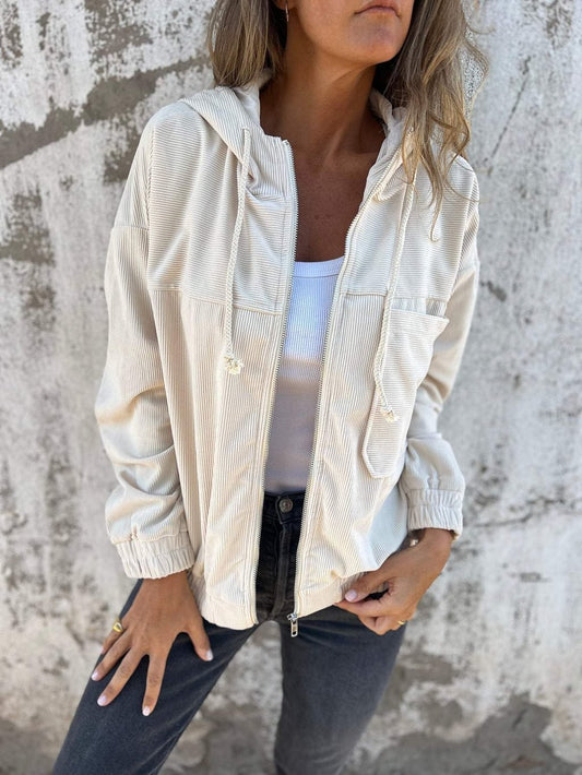 Corduroy Hooded Zip-up Jacket With Pockets Fashion