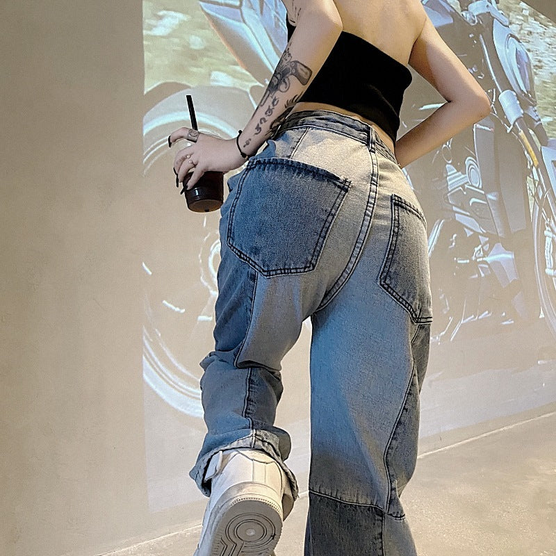 Damen Jeans im Harajuku-Stil mit Retro-Farbblock und hoher Taille