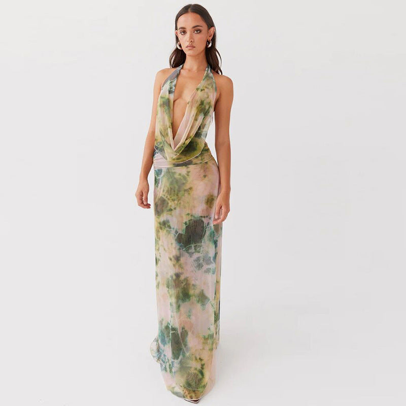 2 stücke Tie Dye Druck Tiefem V-ausschnitt Anzüge Mode Neckholder Rückenfreie Lange Kleider Für Strand Party Damen Kleidung