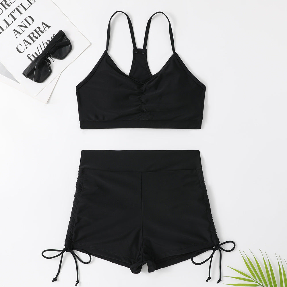 Costume da bagno bikini a vita alta con spacco, colore puro, da donna