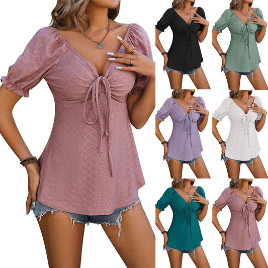Maglietta estiva a tinta unita con scollo a V e coulisse, a maniche corte, abbigliamento da donna